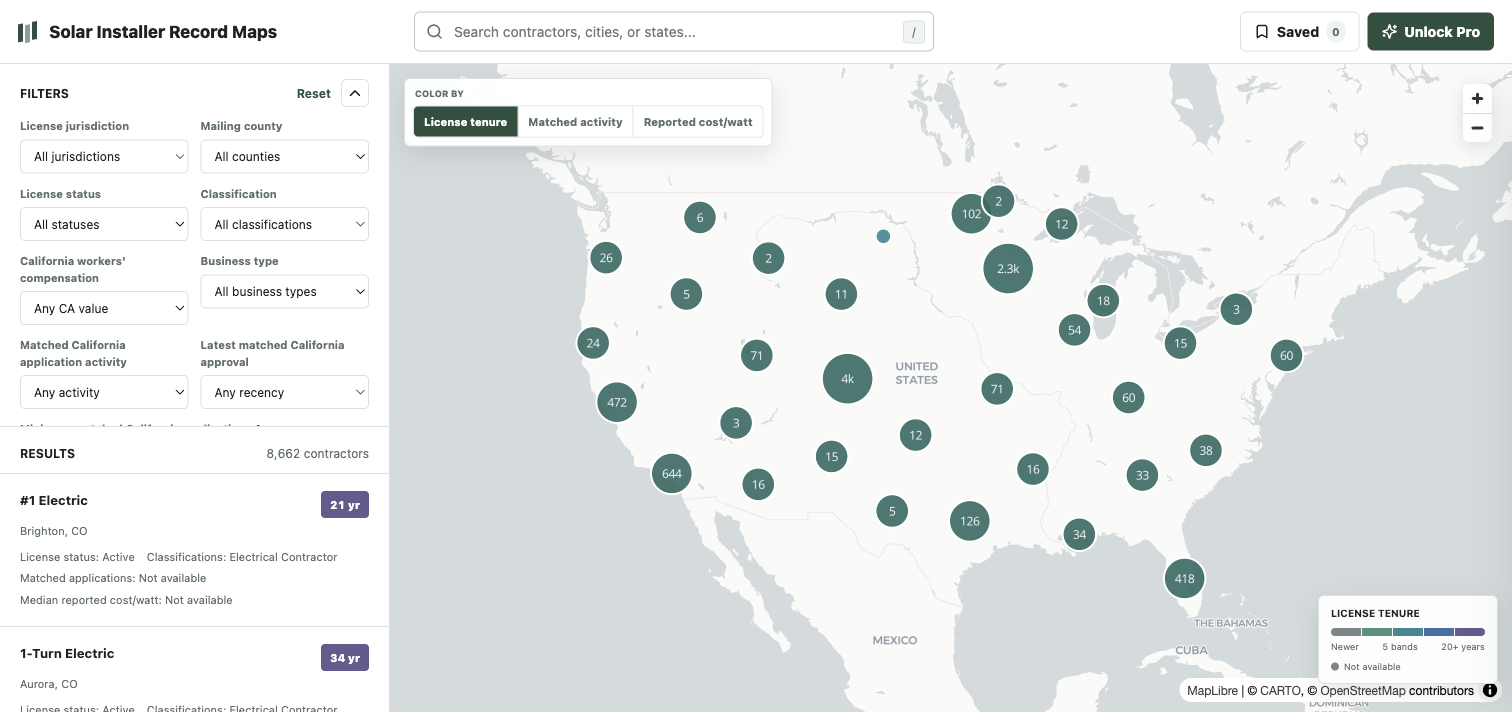 Solar installer license explorer colored by license and activity fields